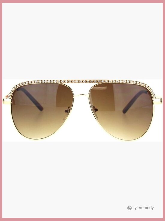 Silver Rhinestone Trimmed Pilot Sunglasses with UV Protection main image 4